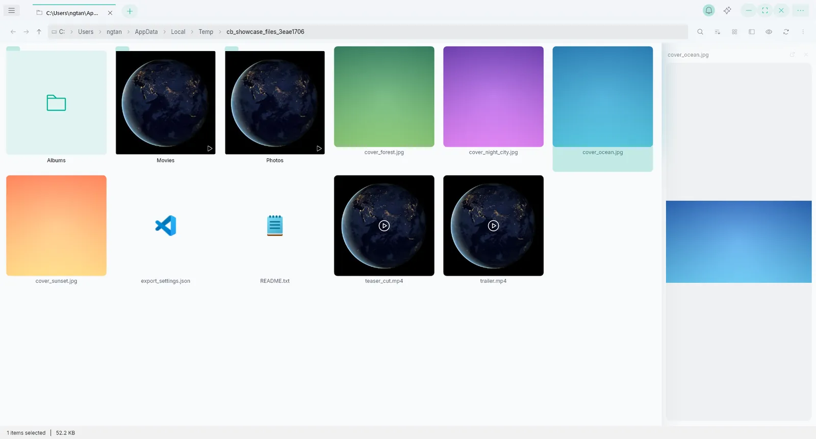 CB File Hub file browser showing a media grid and preview pane